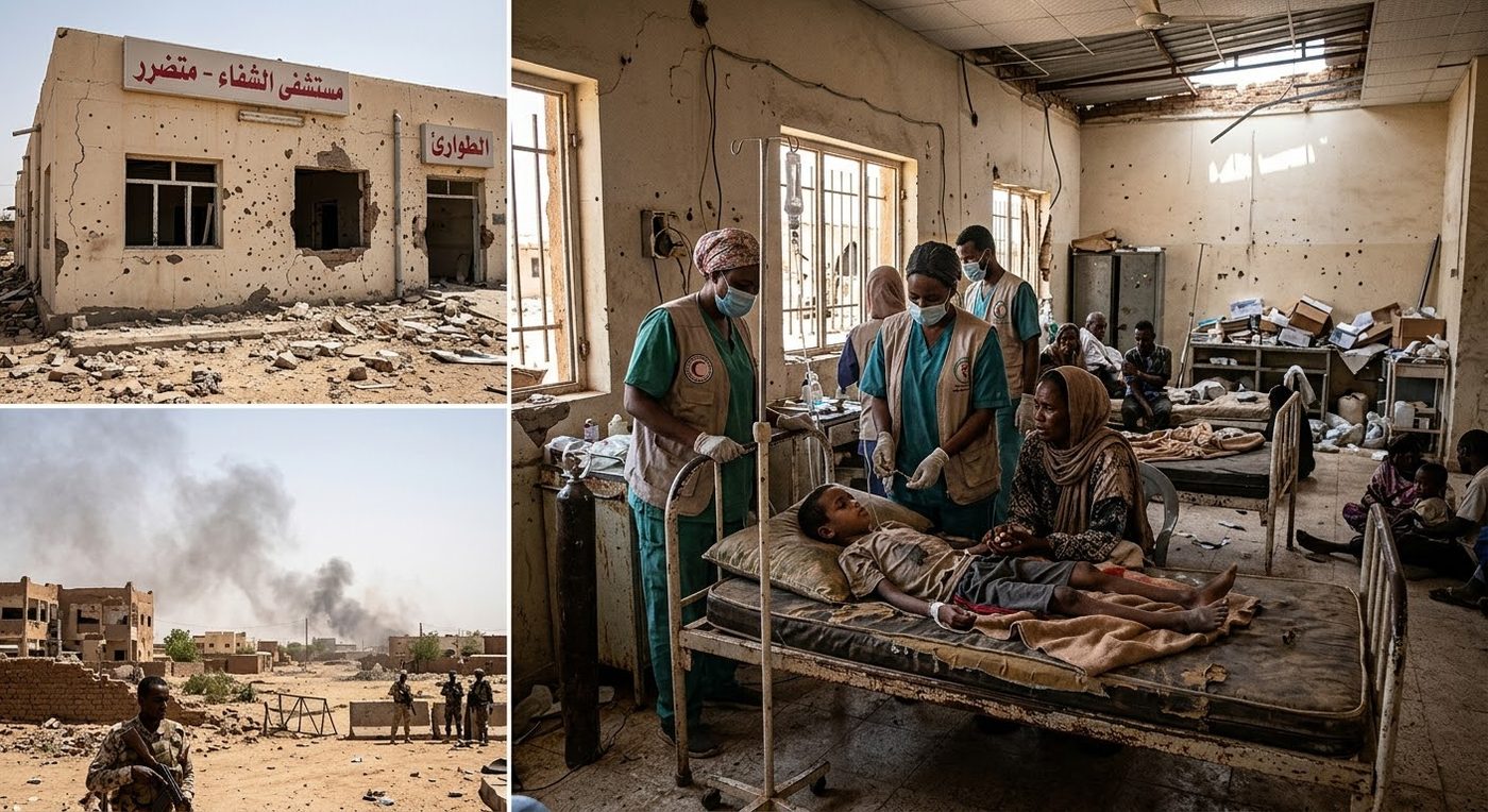 A damaged hospital emergency department, smoke over a town, and health workers caring for a child in a ward with broken windows and an improvised drip stand